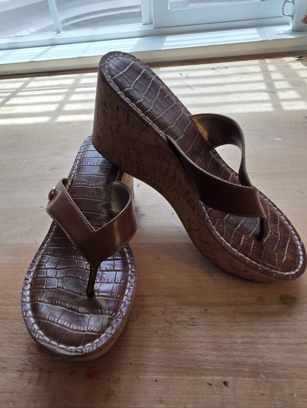 Sam Edelman Croc-Embossed Cork Wedge Thong Sandals
